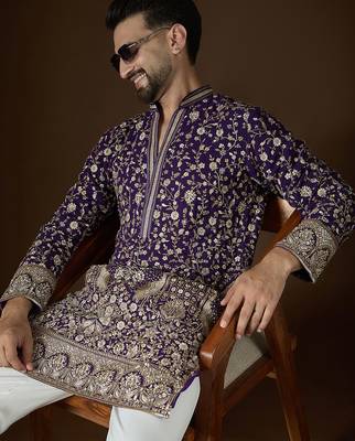 Men’s violet georgette solid embroidered kurta with trouser set | trendy designer ethnic wear for wedding, festive 2