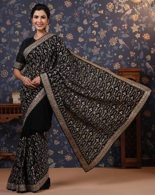 Black embroidered saree with blouse piece 3