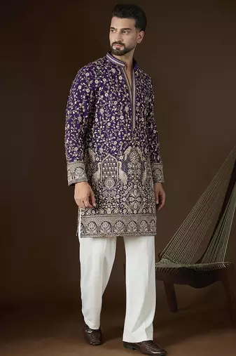 Men’s violet georgette solid embroidered kurta with trouser set | trendy designer ethnic wear for wedding, festive