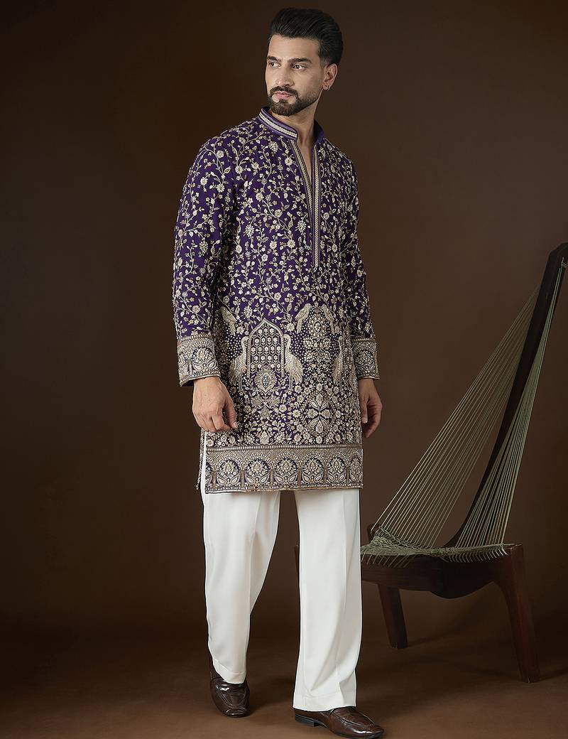 Men’s violet georgette solid embroidered kurta with trouser set | trendy designer ethnic wear for wedding, festive