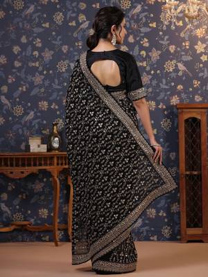 Black embroidered saree with blouse piece 4