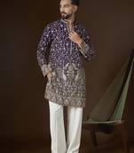 Men’s violet georgette solid embroidered kurta with trouser set | trendy designer ethnic wear for wedding, festive