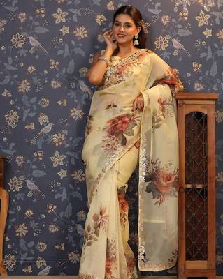 Cream floral printed gota patti organza saree 1