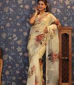 Cream floral printed gota patti organza saree