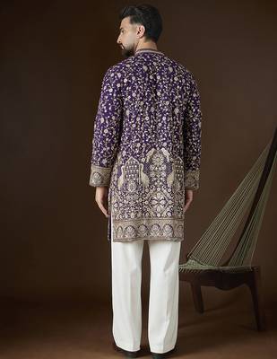 Men’s violet georgette solid embroidered kurta with trouser set | trendy designer ethnic wear for wedding, festive 4