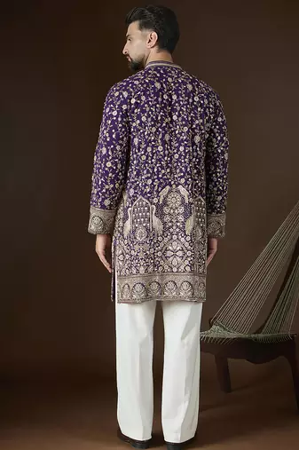 Men’s violet georgette solid embroidered kurta with trouser set | trendy designer ethnic wear for wedding, festive