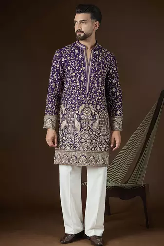 Men’s violet georgette solid embroidered kurta with trouser set | trendy designer ethnic wear for wedding, festive