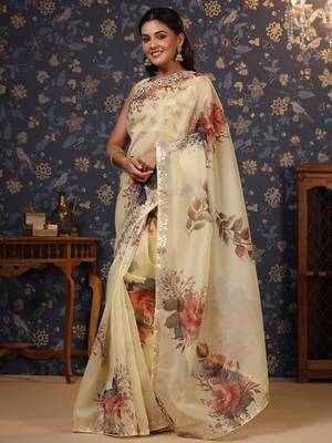 Cream floral printed gota patti organza saree 2