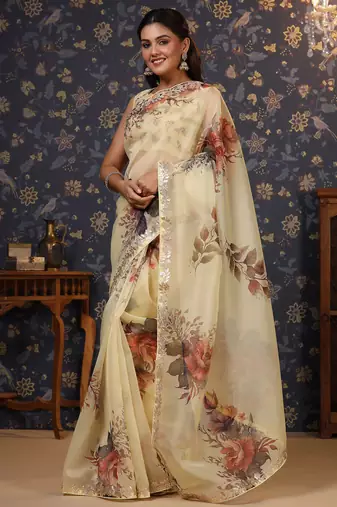 Cream floral printed gota patti organza saree