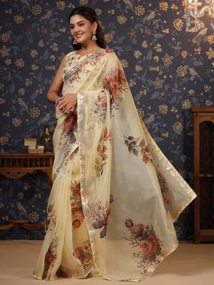 Cream floral printed gota patti organza saree 3