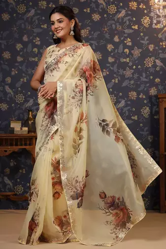 Cream floral printed gota patti organza saree