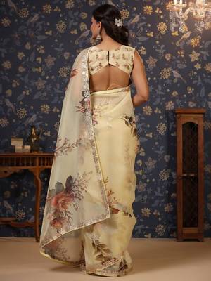 Cream floral printed gota patti organza saree 4