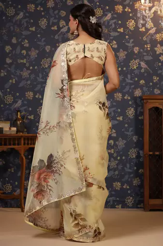 Cream floral printed gota patti organza saree