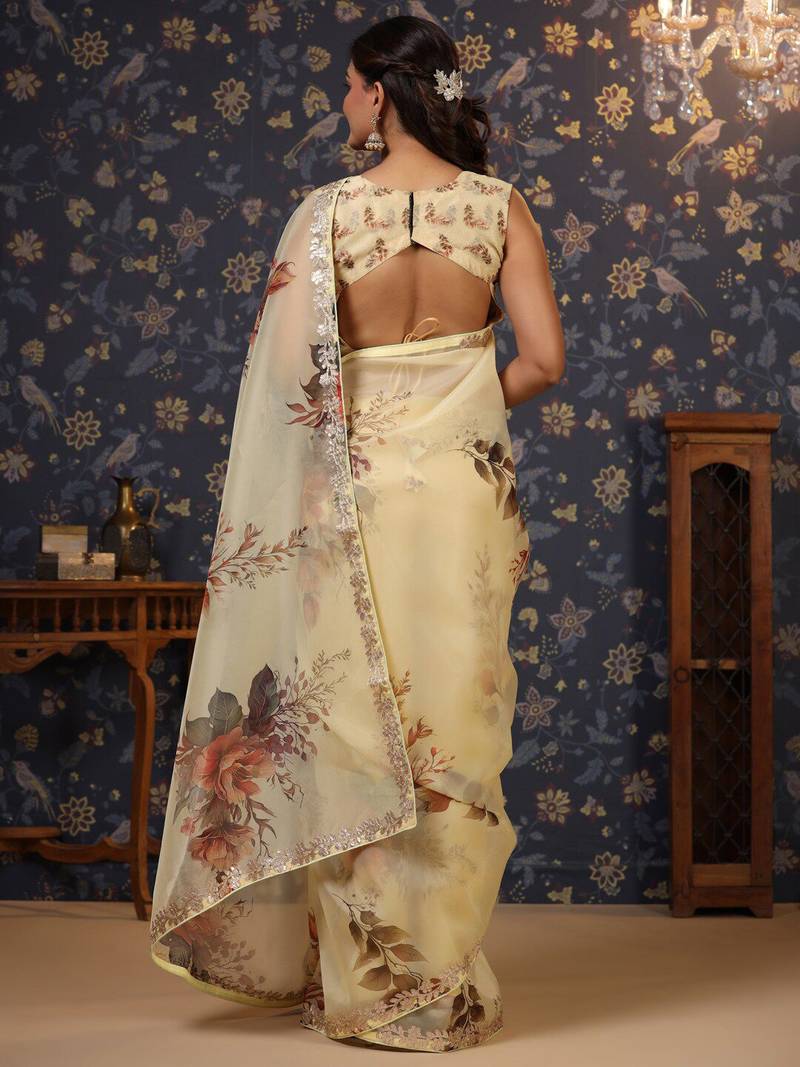 Cream floral printed gota patti organza saree