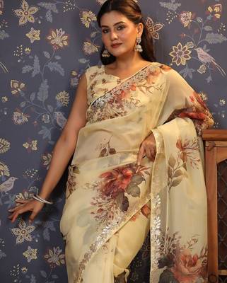 Cream floral printed gota patti organza saree 5