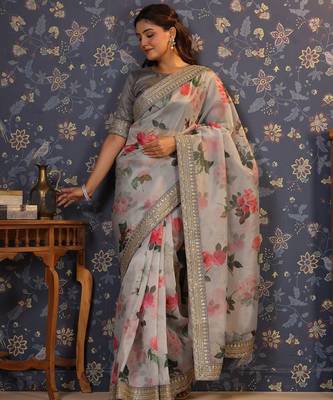 Grey floral printed sequinned saree 1
