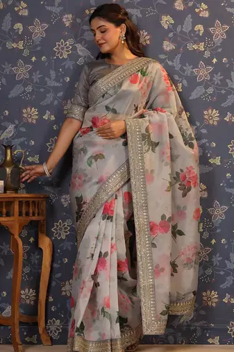 Grey floral printed sequinned saree