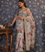 Grey floral printed sequinned saree