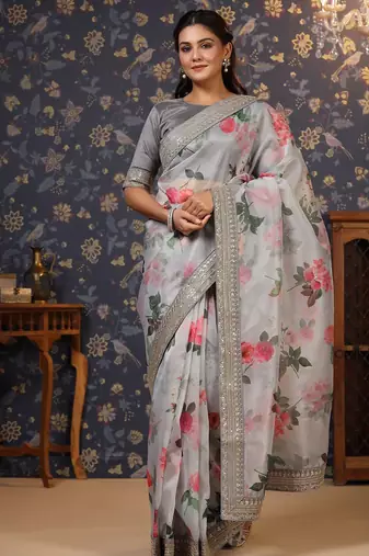 Grey floral printed sequinned saree