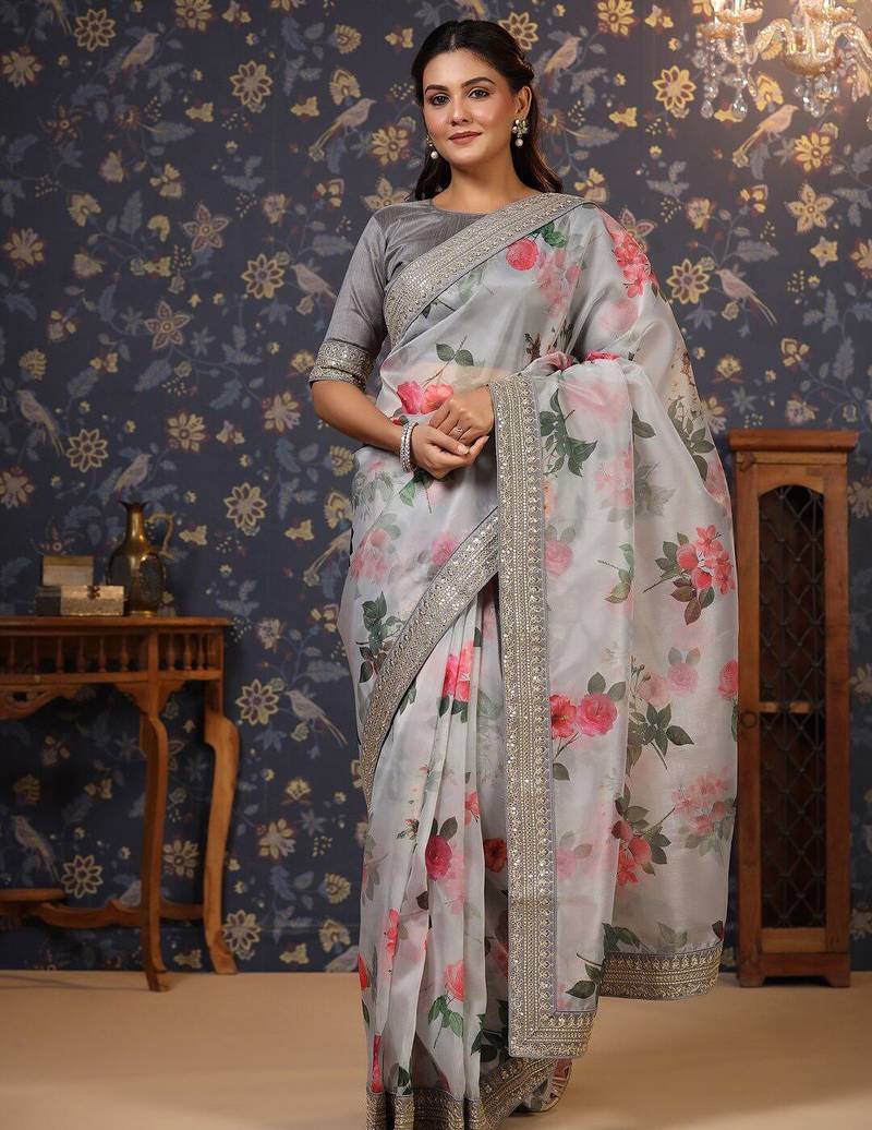 Grey floral printed sequinned saree