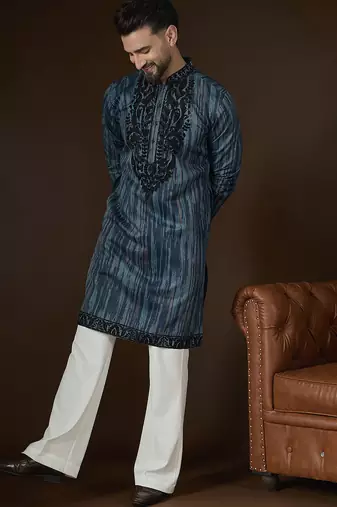 Men’s blue linen abstract embroidered kurta with trouser set | trendy designer ethnic wear for wedding, festive & party