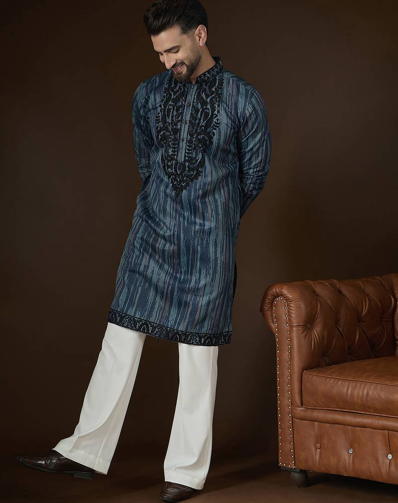 Men’s blue linen abstract embroidered kurta with trouser set | trendy designer ethnic wear for wedding, festive & party