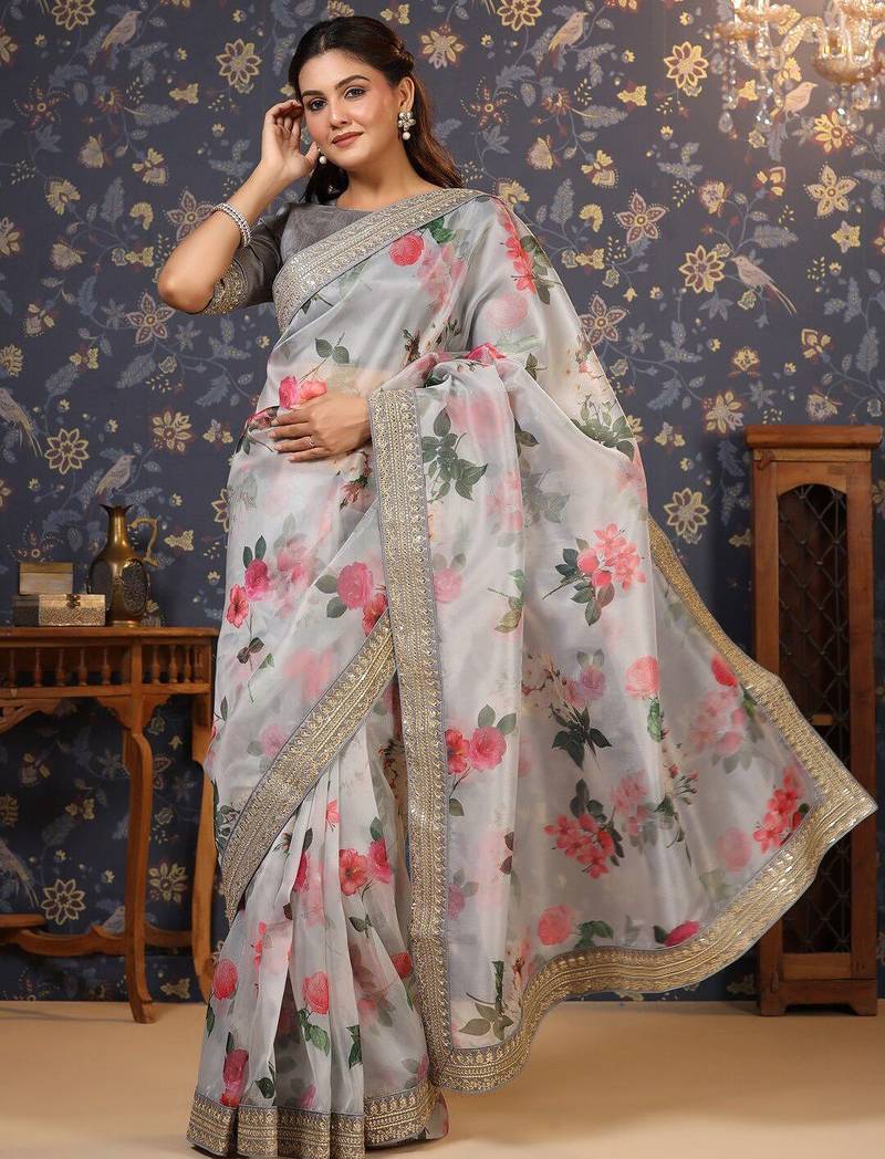 Grey floral printed sequinned saree