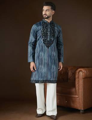Men’s blue linen abstract embroidered kurta with trouser set | trendy designer ethnic wear for wedding, festive & party 4