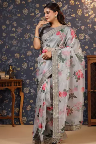 Grey floral printed sequinned saree