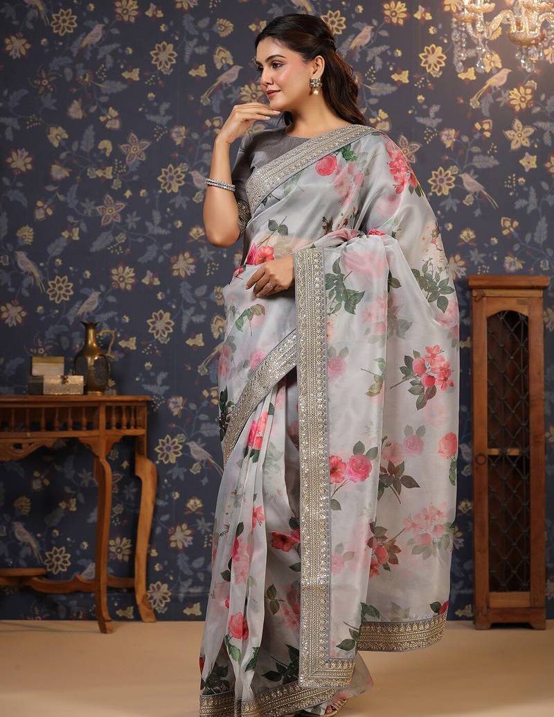 Grey floral printed sequinned saree