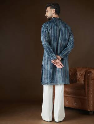Men’s blue linen abstract embroidered kurta with trouser set | trendy designer ethnic wear for wedding, festive & party 5