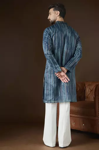 Men’s blue linen abstract embroidered kurta with trouser set | trendy designer ethnic wear for wedding, festive & party