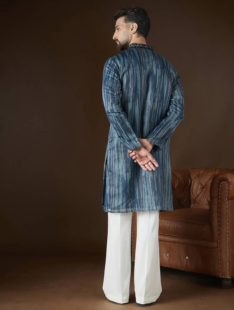 Men’s blue linen abstract embroidered kurta with trouser set | trendy designer ethnic wear for wedding, festive & party