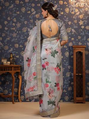 Grey floral printed sequinned saree 5