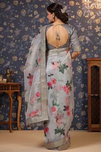 Grey floral printed sequinned saree