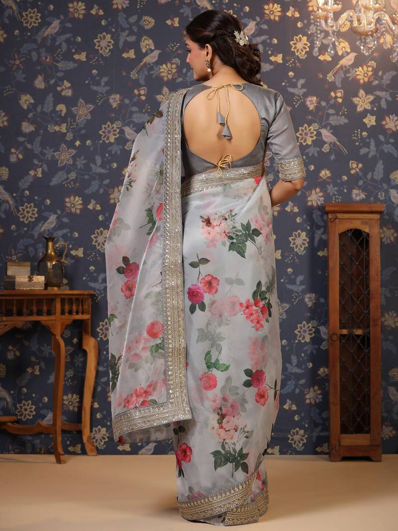 Grey floral printed sequinned saree