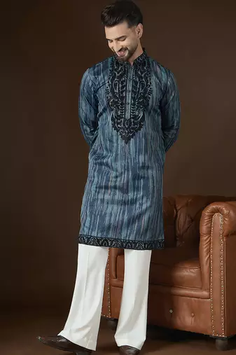 Men’s blue linen abstract embroidered kurta with trouser set | trendy designer ethnic wear for wedding, festive & party