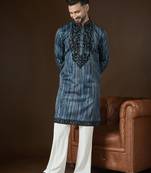 Men’s blue linen abstract embroidered kurta with trouser set | trendy designer ethnic wear for wedding, festive & party