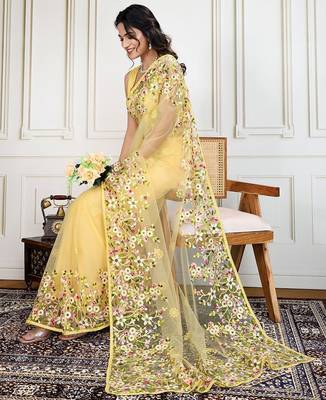 Yellow embroidered work saree with blouse piece 1