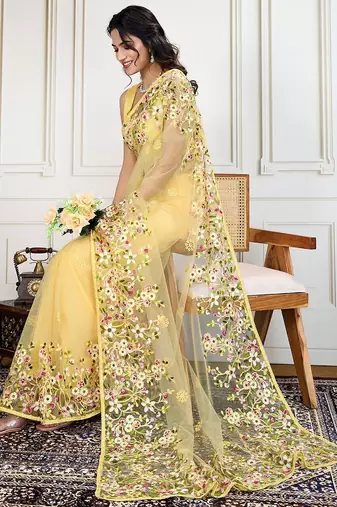 Yellow embroidered work saree with blouse piece