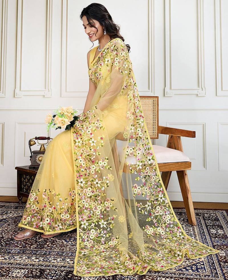 Yellow embroidered work saree with blouse piece