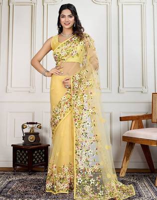Yellow embroidered work saree with blouse piece 2