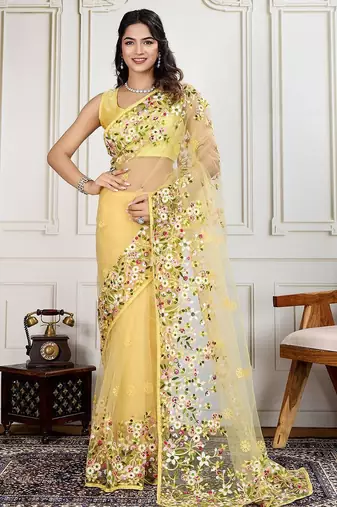 Yellow embroidered work saree with blouse piece