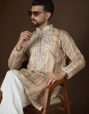 Men’s cream linen striped embroidered kurta with trouser set | trendy designer ethnic wear for wedding, festive & party 1