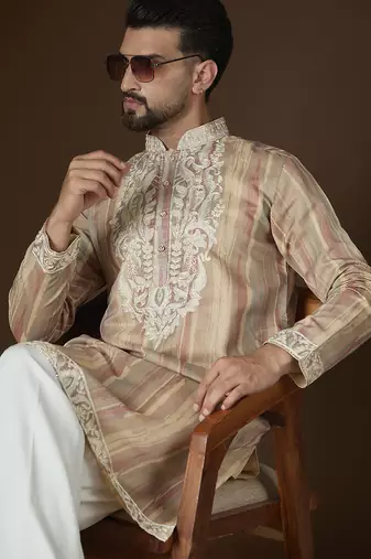 Men’s cream linen striped embroidered kurta with trouser set | trendy designer ethnic wear for wedding, festive & party