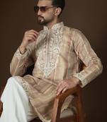 Men’s cream linen striped embroidered kurta with trouser set | trendy designer ethnic wear for wedding, festive & party