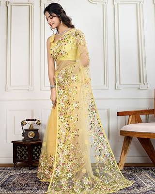 Yellow embroidered work saree with blouse piece 3
