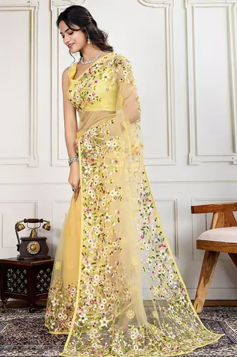 Yellow embroidered work saree with blouse piece