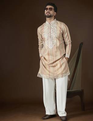 Men’s cream linen striped embroidered kurta with trouser set | trendy designer ethnic wear for wedding, festive & party 2