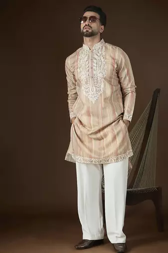 Men’s cream linen striped embroidered kurta with trouser set | trendy designer ethnic wear for wedding, festive & party
